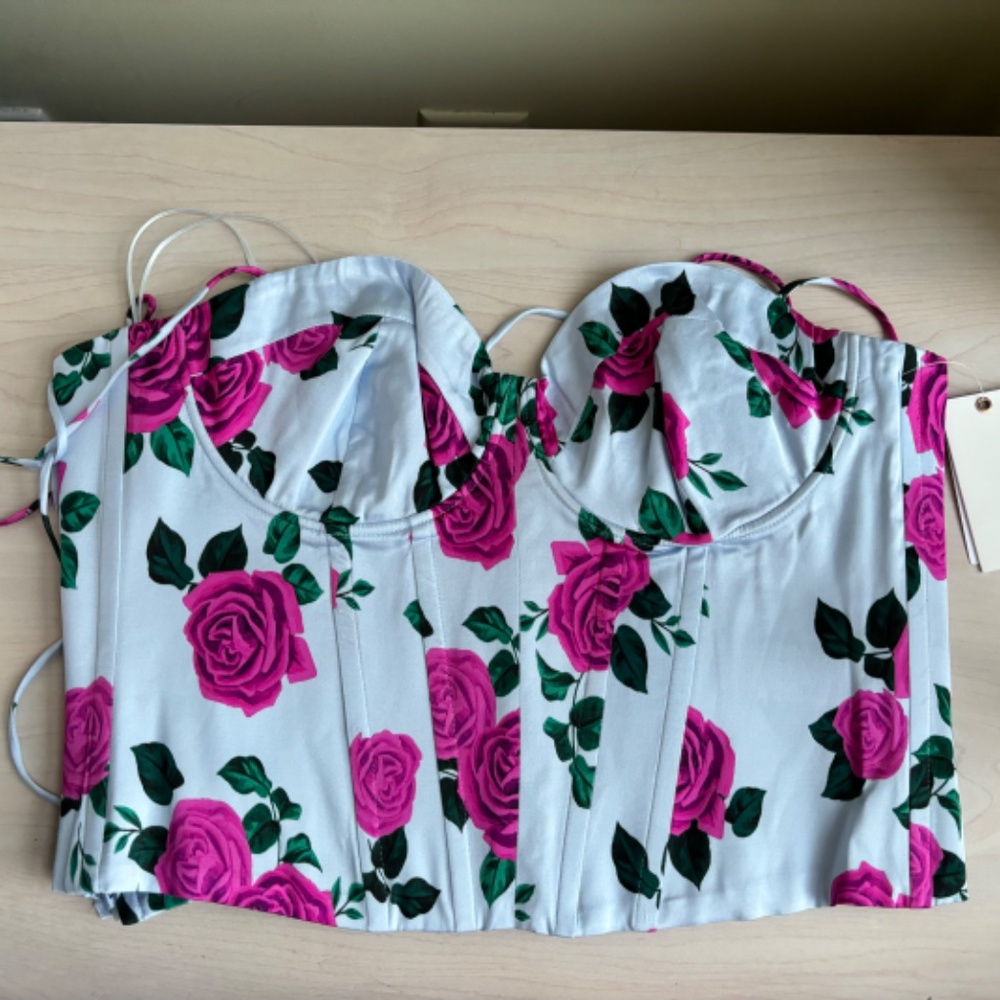 New Good American Light Blue Floral Design Bustier